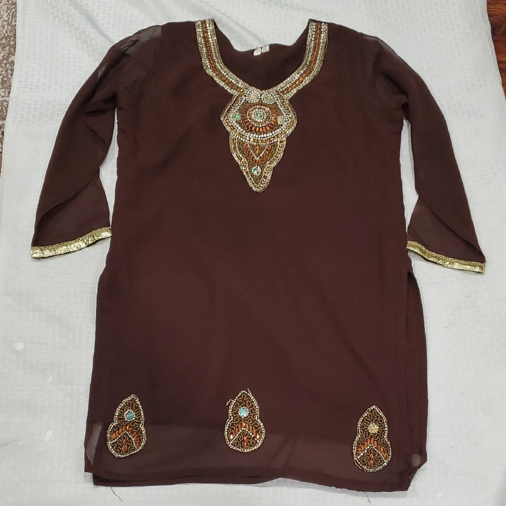 Brown Indian  Embellished V-Neck Tunic with Gold Beading Top - Picture 10 of 17